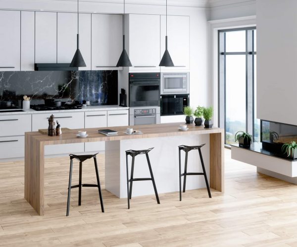 Modern kitchen interior with island, sink, cabinets, kitchen appliances and hardwood floor in a new luxury home.
