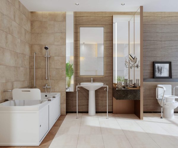 Modern Bathroom Interior With Bathtub, Toilet And Sink For People With Disabilities